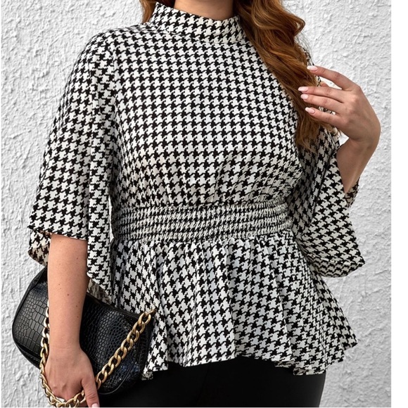 Classic Plus Size Houndstooth Print Mock Neck Peplum Top Blouse Shirt - Picture 1 of 5